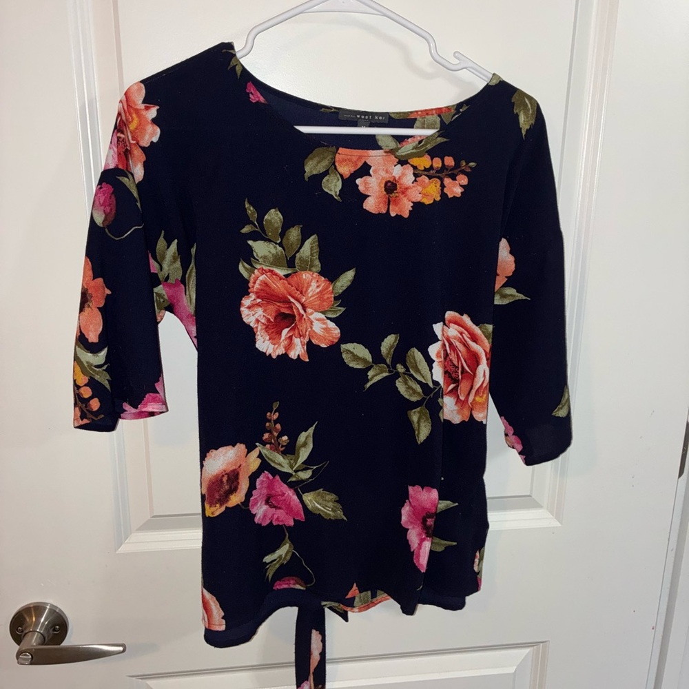 West Kei Navy Floral Blouse with Pink and Green Accents